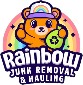 Rainbow Junk Removal & Hauling logo, a cartoon bear holding a recycling bag